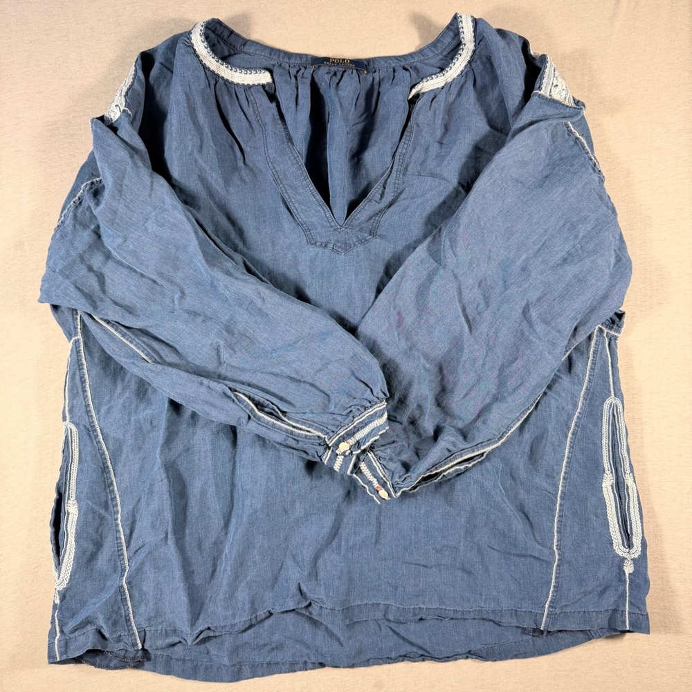 Polo Ralph Lauren Linen Silk Embroidered Peasant Blouse Blue Boho Top L